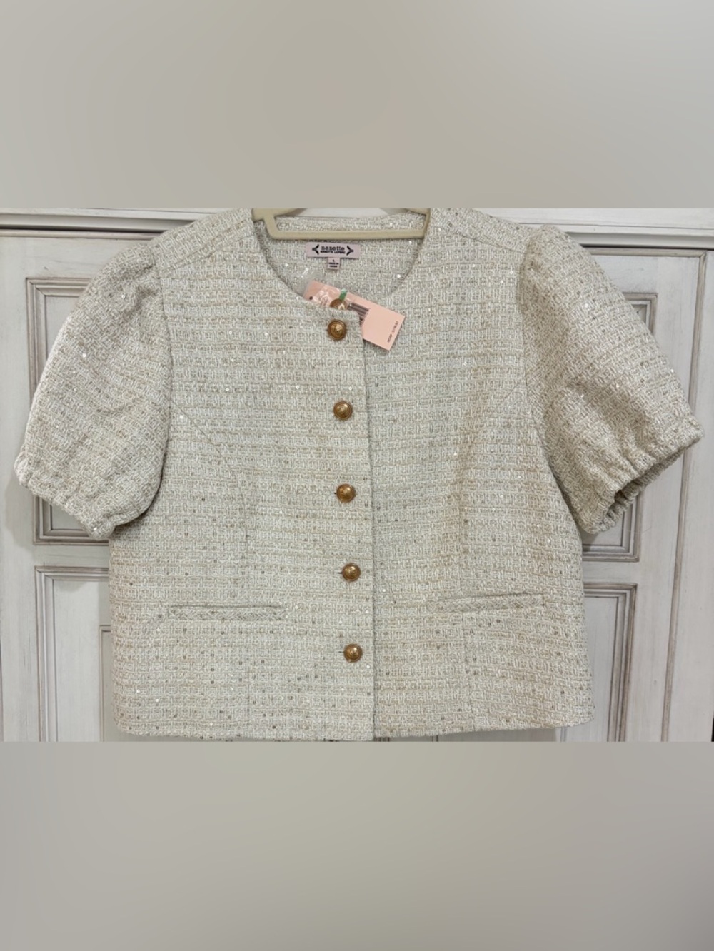 NWT SZ L Nanette Lepore Ivory Tweed Gold-Button Short sleeve Top Blazer